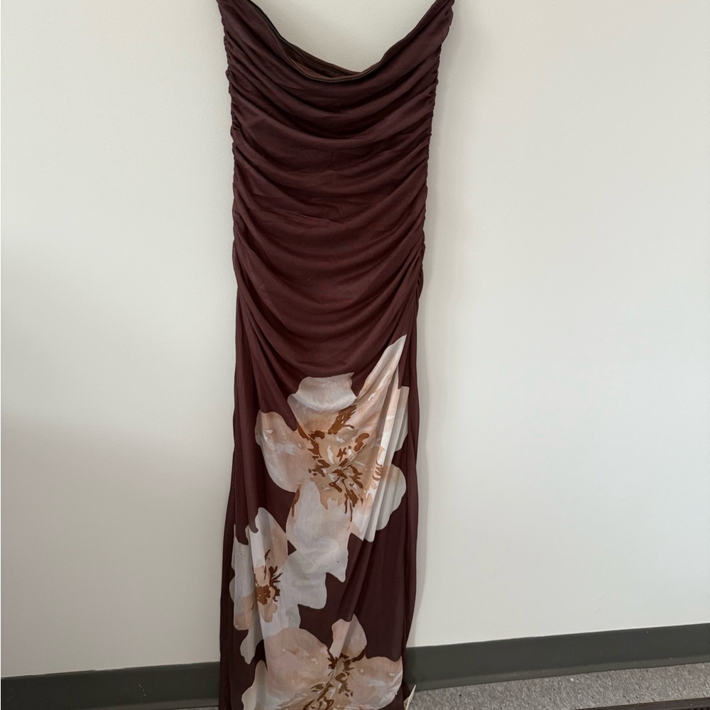 Commense Brown Maxi Dress with Floral Design